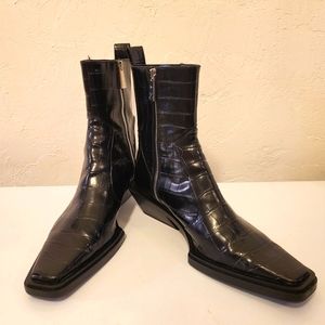 Zara Croc Embossed Ankle Boots Black Square Toe Chunky / Block Heel Size 39 / 9